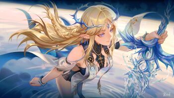 1girl absurdres bare_shoulders black_collar black_dress blonde_hair blue_eyes breasts cartethyia_(wuthering_waves) closed_mouth collar commentary crown_of_thorns dress ear_through_crown highres holding holding_sword holding_weapon jewelry long_hair looking_at_object medium_breasts naofaro necklace parted_bangs revision smile solo sword tabard tacet_mark_(wuthering_waves) thighs weapon white_tabard wuthering_waves