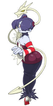 1girl ass blue_hair blue_skin colored_skin detached_collar detached_sleeves dress full_body hair_over_one_eye leviathan_(skullgirls) looking_at_viewer looking_back no_shoes red_eyes side_ponytail skeletal_hand skullgirls smile socks solo squigly_(skullgirls) stitched_mouth stitches striped_clothes striped_sleeves striped_socks toshinoshin white_background zombie
