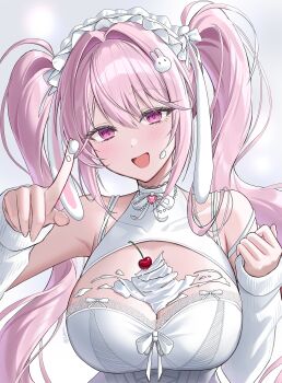 1girl absurdres alice_(marchen_dream)_(nikke) alice_(nikke) bare_shoulders breasts cherry cleavage commentary_request dress food food_on_face fruit goddess_of_victory:_nikke highres ice_cream ice_cream_on_face idasu_(hyun9164) large_breasts long_hair looking_at_viewer official_alternate_costume open_clothes pink_eyes pink_hair simple_background solo twintails very_long_hair white_arm_warmers white_dress