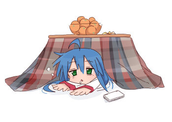 1girl absurdres ahoge blue_hair bowl food fruit green_eyes handheld_game_console highres izumi_konata kotatsnail kotatsu long_hair long_sleeves looking_at_viewer lucky_star lying mole mole_under_eye nintendo_ds on_stomach open_mouth orange_(fruit) outstretched_arms outstretched_hand red_wrist_cuffs saliva shirt simple_background table under_kotatsu under_table white_background white_shirt wrist_cuffs yq9nhoedbnmi6iy