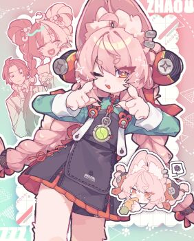 1boy 2girls absurdres ahoge animal_ear_fluff animal_ears animal_hands black_dress blue_shirt braid carrot commentary_request dialyn_(zenless_zone_zero) double_bun dress eating furry furry_female hair_bun hair_ornament highres holding holding_carrot long_hair long_sleeves multiple_girls one_eye_closed open_mouth pinafore_dress pink_hair rabbit_ears rabbit_girl rabbit_tail shirt sleeveless sleeveless_dress sphere_hair_ornament squiggle tail teeth thick_eyebrows twin_braids umenatto710 upper_teeth_only very_long_hair zenless_zone_zero zhao_(zenless_zone_zero)