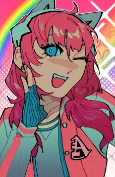 Rule 34 | 1girl, absurdres, ai the somnium files, animal ears, blue eyes, cat ears, crocrubies, ear piercing, gloves, highres, jacket, long hair, long sleeves, open clothes, open jacket, piercing, pink hair, rainbow, sagan iris, smile, solo, teeth, twintails