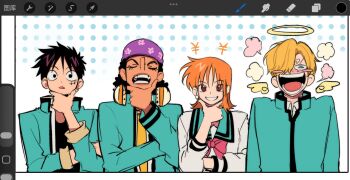 1girl 3boys aqua_jacket aqua_sailor_collar art_program_in_frame black_hair blonde_hair blush_stickers bow bowtie brown_eyes closed_eyes commentary_request detached_wings earrings facial_scar halo hand_on_own_chin headphones headphones_around_neck highres jacket jewelry ki2ri5 long_nose long_sleeves looking_at_viewer monkey_d._luffy multiple_boys nami_(one_piece) one_piece open_mouth orange_hair parted_lips pearl_earrings pink_bow pink_bowtie pk_academy_school_uniform polka_dot polka_dot_background puff_of_air saiki_kusuo_no_psi_nan sailor_collar sanji_(one_piece) scar scar_on_cheek scar_on_face school_uniform serafuku short_hair single_sidelock straight-on upper_body usopp white_serafuku wings