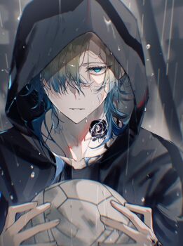 1boy ball bandage_on_face bandages black_jacket blonde_hair blue_eyes blue_hair blue_lock flower_tattoo gradient_hair hair_over_one_eye hand_tattoo highres holding holding_ball hood hood_up jacket long_hair male_focus michael_kaiser multicolored_hair neck_tattoo rain shark_(theelegantshark) soccer_ball solo tattoo two-tone_hair upper_body wet