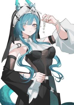 1girl aqua_tail arknights arknights:_endfield arm_up bare_shoulders beads black_dress blue_hair commentary cowboy_shot dress english_commentary eyes_visible_through_hair hair_over_one_eye headscarf highres holding horns light_blush long_hair looking_at_viewer multicolored_eyes parted_lips paszuto pointy_ears purple_eyes simple_background solo standing strap tail two-tone_eyes white_background xaihi_(arknights) yellow_eyes