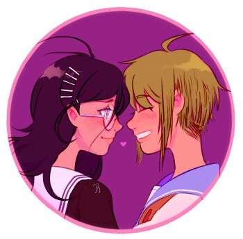 Rule 34 | 2girls, ahoge, antenna hair, blue sailor collar, blush, closed eyes, closed mouth, commentary, danganronpa (series), danganronpa another episode: ultra despair girls, english commentary, from side, fukawa toko, glasses, green hair, grin, hair ornament, hairclip, heart, long hair, looking at another, multiple girls, naegi komaru, parucafe, profile, purple background, purple hair, round eyewear, round image, sailor collar, short hair, sidelocks, simple background, smile, undercut, very short hair, white sailor collar, yuri