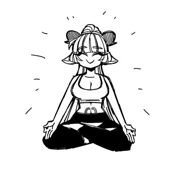 Rule 34 | 1girl, baphomet (grizz), black horns, black shorts, blush, bow, closed eyes, demon girl, demon horns, full body, grizz, hair bun, helltaker, horns, indoors, lotus position, monochrome, navel, original, shorts, simple background, sketch, smile, solo, sports bra, vanripper (style)