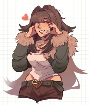 1girl belt brown_hair fur-trimmed_jacket fur-trimmed_sleeves fur_trim grey_jacket grin hair_intakes heart highres jacket khanh_(khanhtaloupe) long_hair looking_at_viewer official_alternate_costume red_eyes smile solo very_long_hair white_background ye_shunguang zenless_zone_zero