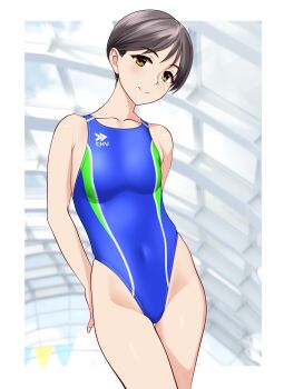 Rule 34 | 1girl, absurdres, black hair, blue one-piece swimsuit, breasts, brown eyes, collarbone, commentary request, competition swimsuit, covered navel, glass ceiling, groin, highleg, highleg one-piece swimsuit, highres, indoors, looking at viewer, mature female, medium breasts, multicolored swimsuit, one-piece swimsuit, original, short hair, smile, solo, string of flags, swimsuit, takafumi, variant set