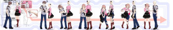 1boy 1girl absurdres arrow_(symbol) black_bow black_shoes black_skirt blush boots bow braid breasts brown_boots brown_eyes brown_hair commentary_request denim embarrassed genderswap genderswap_(mtf) grey_shirt hair_bow highres jeans kazumi_susan long_image mannequin medium_breasts nail_polish open_mouth original pants pink_purse sequential shirt shoes skirt transformation transforming_clothes wide_image