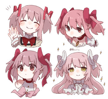 4girls bare_shoulders blush blush_stickers bow brooch buivi buttons center_frills chest_jewel child choker close-up closed_eyes closed_mouth collarbone commentary_request cropped_shoulders dot_nose expressionless facing_viewer frilled_sleeves frills frown furrowed_brow gem gloves hair_between_eyes hair_bow hair_ribbon half-closed_eyes halterneck hand_up hands_up happy head_tilt high_collar highres interlocked_fingers jewelry juliet_sleeves kaname_madoka kaname_madoka_(magical_girl) layered_sleeves light_smile long_hair long_sleeves looking_afar looking_ahead looking_at_viewer mahou_shoujo_madoka_magica mahou_shoujo_madoka_magica:_walpurgis_no_kaiten mahou_shoujo_madoka_magica_(anime) mitakihara_school_uniform multiple_girls multiple_persona neck_ribbon nose_blush notice_lines official_alternate_costume official_alternate_hair_ornament overlighting own_hands_clasped own_hands_together parted_lips pink_bow pink_gem pink_hair pink_ribbon puffy_short_sleeves puffy_sleeves red_choker red_ribbon ribbon ribbon_choker school_uniform serious shirt short_sleeves short_twintails sidelocks simple_background single_horizontal_stripe sleeve_cuffs smile soul_gem sparkle square_neckline straight-on twintails twitter_username two_side_up ultimate_madoka upper_body very_long_hair waving wavy_hair white_background white_bow white_choker white_gloves white_ribbon yellow_eyes yellow_shirt