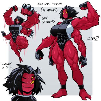 1girl absurdres alien ben_10 black_gloves black_hair black_leotard breasts carpinchor123 english_text extra_arms extra_eyes fingerless_gloves four_arms_(ben_10) genderswap genderswap_(mtf) gloves highres large_breasts leotard multicolored_leotard muscular muscular_female one_eye_closed short_hair solid_eyes two-tone_leotard white_leotard yellow_eyes