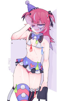 1girl armpit_crease artist_name asymmetrical_legwear bag bikini black_ribbon black_streaks blunt_bangs bow bowtie breasts camila_(vtuber) clenched_hand colored_condom colored_eyelashes commentary condom cowboy_shot cypher_05 english_commentary exhausted eyelashes facial_mark frilled_bikini frilled_thighhighs frills groin hair_ornament half-closed_eye hand_on_own_face hand_up handbag hat heart heart_print highres holding holding_bag indie_virtual_youtuber long_hair makeup mark_under_both_eyes mini_wings mismatched_eyelashes mismatched_legwear mismatched_thighhighs multicolored_hair multiple_condoms neck_ruff one_eye_closed open_mouth party_hat pink_bikini pink_hair pointy_ears pom_pom_(clothes) puritan_collar purple_bow purple_bowtie purple_eyes ribbon runny_makeup shiny_skin small_breasts solo standing streaked_hair striped_clothes striped_thighhighs sweat swimsuit tail thighhighs triangle triangle_facial_mark two_side_up used_condom_in_clothes vertical-striped_clothes vertical-striped_thighhighs virtual_youtuber wavy_mouth white_background white_bikini white_streaks wings