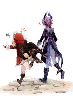 ! 1boy 1girl absurdres beret blonde_hair commentary dragon_boy dragon_horns dragon_tail dragon_wings durin_(genshin_impact) fish genshin_impact gloves hat highres horns klee_(genshin_impact) pointing pointy_ears speech_bubble symbol-only_commentary tail usako_(usako1031) walking white_background wings