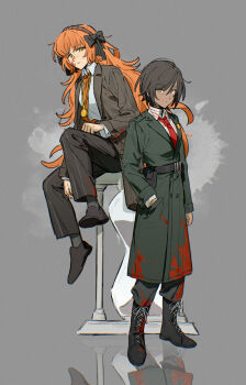 Rule 34 | 2girls, absurdres, black boots, black bow, boots, bow, brown hair, brown jacket, bygone days (e.g.o), coat, collared shirt, e.g.o (project moon), green coat, green pants, hair bow, hand in pocket, hashtag-only commentary, highres, ishmael (project moon), jacket, lapels, limbus company, long hair, looking at viewer, multiple girls, necktie, notched lapels, orange eyes, orange hair, outis (project moon), pants, project moon, red necktie, shirt, short hair, striped clothes, striped shirt, to pathos mathos (e.g.o), uzr akira, very long hair, white shirt