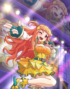 1girl aqua_gloves artist_name banghwadongjopidi belt blunt_bangs boots breasts character_name cleavage colored_lights concert copyright_name dated dot_nose dress eres_(master_of_eternity) fingerless_gloves flying_sweatdrops gloves hair_ornament headset highres holding holding_microphone idol idol_clothes korean_commentary layered_skirt long_hair master_of_eternity medium_breasts microphone one_eye_closed one_side_up open_mouth orange_hair purple_eyes screen skirt smile solo speaker stage stage_lights standing standing_on_one_leg star_(symbol) star_hair_ornament teeth textless_version underbust upper_teeth_only yellow_boots yellow_dress