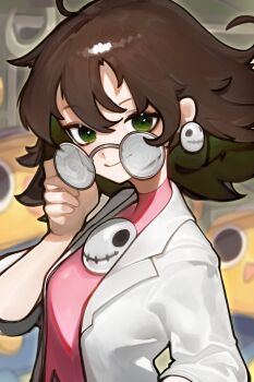 1girl absurdres blurry blurry_background brooch brown_hair coat dress earrings glasses green_eyes highres hoai_vu jewelry lab_coat medium_hair mega_man_(series) mega_man_legends_(series) pink_dress round_eyewear servbot_(mega_man) skull_brooch skull_earrings solo_focus tron_bonne_(mega_man) upper_body white_coat