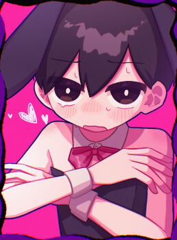 1boy absurdres animal_ear_hairband animal_ears bare_shoulders black_eyes black_hair black_hairband black_leotard blush bow bowtie bright_pupils commentary_request crossdressing crossdressing_(mtf) double-parted_bangs fake_animal_ears hair_between_eyes hairband highres leotard looking_at_viewer male_focus male_playboy_bunny omori open_mouth rabbit_ear_hairband rabbit_ears red_bow red_bowtie solo sunny_(omori) sweat upper_body white_pupils white_wrist_cuffs wrist_cuffs yksm_oe