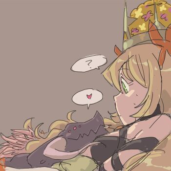Rule 34 | 1girl, bare shoulders, blonde hair, celine (fire emblem), crown, davewaterfalls, dragon, fire emblem, fire emblem engage, flower, grima (fire emblem), hair flower, hair ornament, heart, looking at another, lying on person, nintendo, simple background, sketch, speech bubble, sweat, yellow eyes