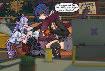 2girls belle_(zenless_zone_zero) between_legs black_nails black_pantyhose black_skirt black_thighhighs blue_hair blush breasts brick_wall can commentary computer couch djang0art ear_blush english_commentary english_text fingerless_gloves gloves grey_skirt hair_ornament high-waist_skirt highres indoors laptop letter_hair_ornament long_hair looking_at_another multiple_girls no_shoes on_couch orange_gloves painting_(object) pantyhose parted_lips pointy_ears poster_(object) purple_hair red_eyes shirt short_hair sideboob single_glove single_thighhigh skirt smile speech_bubble thighhighs vivian_banshee white_shirt yuri zenless_zone_zero