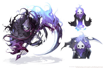 black_cloak black_hood black_sleeves blue_fire caesty cloak commentary_request dated_commentary fire flaming_weapon holding holding_scythe hood hood_up jewelry korean_commentary liripipe necklace nexon official_art production_art rubesto_daimon scythe shadow simple_background skeleton skull skull_necklace tales_weaver torn_clothes torn_sleeves weapon white_background