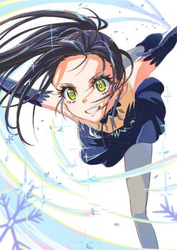 1girl black_hair blue_dress blue_gloves commentary dress elbow_gloves gloves grin gyuhii highres ice_skating kamisaki_hikaru long_hair looking_at_viewer medalist_(manga) skating smile snowflakes solo teeth yellow_eyes