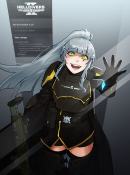 Rule 34 | 1girl, alt text, armor, black cape, black gloves, black jacket, black shorts, black thighhighs, cape, commentary, cosplay, crazy eyes, crossover, english commentary, english text, facial mark, girls' frontline, girls' frontline 2: exilium, gloves, green eyes, grenade launcher, grey hair, gun, hair ornament, helldiver (helldivers), helldiver (helldivers) (cosplay), helldivers (series), highres, hk416 (girls' frontline), holding, holding gun, holding weapon, jacket, klukai (girls' frontline 2), long hair, looking at viewer, luzaitis, open mouth, ponytail, shorts, skull hair ornament, smile, solo, tattoo, teardrop facial mark, teardrop tattoo, thighhighs, weapon