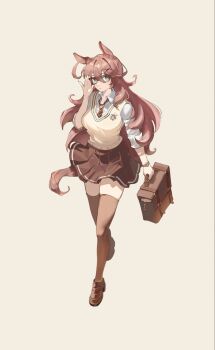 1girl ahoge alternate_costume animal_ears blue_eyes breasts briefcase brown_hair brown_skirt brown_thighhighs collared_shirt glass glasses hair_between_eyes highres holding holding_briefcase horse_ears horse_girl horse_tail large_breasts long_hair looking_at_viewer mihono_bourbon_(umamusume) necktie pleated_skirt school_briefcase shimama_n_a shirt short_necktie simple_background skirt solo sweater_vest tail thighhighs umamusume watch white_shirt wristwatch yellow_sweater_vest