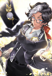 Rule 34 | 1boy, annojou haruto, belt, black belt, black coat, black gloves, black hair, black pants, black vest, blue eyes, bow, brooch, cane, coat, collared shirt, cowboy shot, curtained hair, earrings, eyewear strap, falling petals, glasses, gloves, hair bow, hand up, highres, holding, holding cane, identity v, jewelry, joseph desaulniers, joseph desaulniers (d.m.), lapels, letter, long sleeves, looking at viewer, low ponytail, male focus, multicolored hair, notched lapels, official alternate costume, open collar, pants, petals, pince-nez, red bow, round eyewear, shirt, silver trim, single glove, sleeve cuffs, solo, streaked hair, swept bangs, two-tone hair, vest, white hair, white shirt