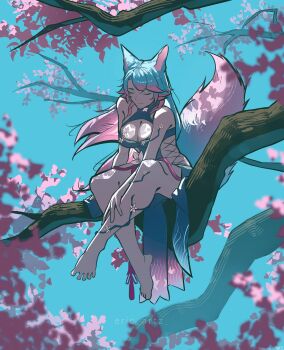 1girl absurdres animal_ears black_dress blue_hair blue_tail breasts cherry_blossoms china_dress chinese_clothes cleavage closed_eyes closed_mouth dress eric_tran feet fox_girl gradient_hair gradient_tail highres indie_virtual_youtuber large_breasts legs long_hair multicolored_hair pink_hair pink_tail silvervale sitting solo tail tree virtual_youtuber wolf_ears wolf_girl wolf_tail