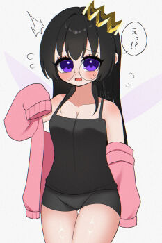 1girl alt_0218 artist_name bike_shorts black_hair black_shirt blush crown fairy fairy_wings flying_sweatdrops grey_background highres kirby_(series) kirby_64 long_hair looking_at_viewer nintendo purple_eyes ripple_star_queen shirt signature simple_background wings