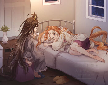 2girls animal_ears barefoot blue_eyes blush breasts brown_hair cleavage clenched_teeth coffee_mug cup dream_journey_(umamusume) dress drink glasses grey_dress highres holding holding_drink horse_ears horse_girl horse_tail looking_at_viewer lying mug multicolored_hair multiple_girls on_bed on_side orange_hair orfevre_(umamusume) purple_skirt shirt sitting skirt slippers tail teeth two-tone_hair umamusume white_hair white_shirt yue_(lov_n_n)