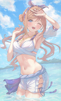 1girl ;d absurdres arm_garter arm_up armpits bikini bikini_top_only blue_eyes blush breasts brown_hair cleavage commentary fingernails gakuen_idolmaster highres himesaki_rinami idolmaster kimi_to_semi_blue_(idolmaster) long_hair medium_breasts nail_polish navel official_alternate_costume one_eye_closed open_mouth outdoors refraction sangria shoes short_shorts shorts smile solo stomach swimsuit thighs very_long_hair wading white_shoes