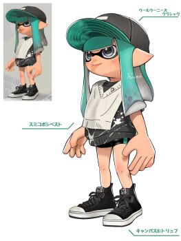 Rule 34 | 1girl, aqua hair, baseball cap, black hat, black shoes, closed mouth, commentary request, cross-laced shoes, game screenshot inset, grey eyes, hat, highres, inkling, inkling girl, inkling player character, long hair, looking ahead, multiple views, nintendo, pointy ears, print hat, rurri 0925, shoes, smile, splatoon (series), splatoon 3, standing, tentacle hair, translation request