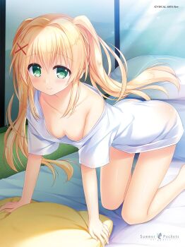 1girl all_fours blonde_hair blush breasts cleavage closed_mouth collarbone downblouse floating_hair foot_out_of_frame futon green_eyes hair_between_eyes hair_intakes hair_ornament highres indoors long_hair looking_at_viewer nagayama_yuunon naked_shirt official_art photoshop_(medium) pillow ringed_eyes shiny_skin shirt short_sleeves sidelighting sidelocks single_bare_shoulder small_breasts smile solo summer_pockets sunlight t-shirt tatami thigh_gap tsumugi_wenders twintails very_long_hair white_shirt x_hair_ornament