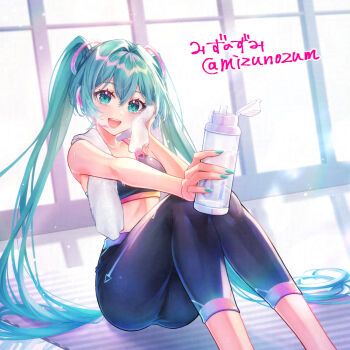 1girl aqua_eyes aqua_hair aqua_nails black_bra black_pants black_sports_bra blush bottle bra breasts collarbone commentary_request feet_out_of_frame hair_between_eyes hair_ornament hatsune_miku holding holding_bottle indoors long_hair looking_at_viewer medium_breasts mizunozumi open_mouth pants sitting smile solo sports_bra sweat towel twintails twitter_username underwear very_long_hair vocaloid