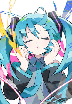 Rule 34 | 1girl, :o, absurdres, bare shoulders, black sleeves, blue hair, blue necktie, closed eyes, collared shirt, commentary, detached sleeves, grey shirt, hands up, hatsune miku, highres, long hair, long sleeves, morizo (morizoshop), necktie, open mouth, shirt, sleeveless, sleeveless shirt, solo, twintails, upper body, vocaloid, white background