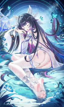 1girl absurdres anus ass black_hair blush breast_curtains breasts bug butterfly censored closed_eyes columbina_(genshin_impact) commentary_request dress eye_mask eyes_on_wings fatui_coat feathered_wings genshin_impact hair_ornament head_wings highres insect jndfh long_hair mask medium_breasts mosaic_censoring multicolored_hair multiple_wings nipples no_shoes pink_hair pussy soles solo symbol-shaped_pupils tongue tongue_out underboob wet wet_clothes white_dress white_mask white_wings wing_hair_ornament wings x-shaped_eyewear x-shaped_pupils