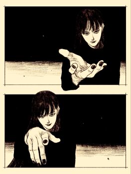 black_background black_hair black_nails border highres long_hair long_sleeves looking_at_viewer original reaching reaching_towards_viewer shirt straight-on tp_p_pt white_border white_shirt