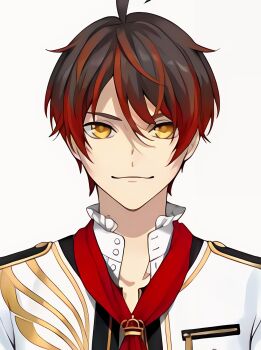 1boy absurdres artist_request bad_tag brown_hair happy helmet highres jacket looking_at_viewer onegai_patron-sama red_hair short_hair source_request upper_body white_background yellow_eyes yuga_asahi