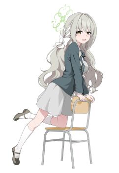 1girl absurdres blue_archive braid breasts brown_eyes brown_shoes chair commentary full_body furrowed_brow grey_hair grey_jacket halo highres jacket kneehighs large_breasts long_hair long_sleeves looking_at_viewer mandara3a mary_janes miyo_(blue_archive) open_mouth school_chair shoes side_braid skirt socks solo wavy_hair white_background white_skirt white_socks