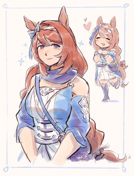 1girl absurdres animal_ears bag between_breasts blue_boots blue_dress blue_eyes blue_scarf blue_wrist_cuffs blush boots bow braid breasts brown_hair closed_eyes closed_mouth commentary dress ear_bow english_commentary hair_between_eyes heart highres horse_ears horse_girl horse_tail long_hair looking_at_viewer multicolored_hair open_mouth scarf shoulder_bag smile sparkle star_(symbol) strap_between_breasts streaked_hair super_creek_(murmuring_stream)_(umamusume) super_creek_(umamusume) tail tanukimo_imo thigh_boots umamusume very_long_hair white_hair wrist_cuffs