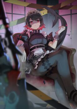 Rule 34 | 1girl, apron, black dress, black hair, black pantyhose, black shoes, blurry, blurry foreground, breasts, closed mouth, collar, colored inner hair, commentary, crossed legs, depth of field, disgust, downturned eyes, dress, ellen joe, fins, fish tail, foot out of frame, frilled dress, frilled wrist cuffs, frills, hair ornament, hairband, hairclip, highres, large breasts, looking at viewer, maid, maid headdress, metal collar, metal hairband, metal wrist cuffs, mole, mole on arm, mole under eye, multicolored hair, nail polish, pantyhose, partially shaded face, puffy short sleeves, puffy sleeves, red eyes, red hair, red nails, scar, scar on tail, shark tail, shoes, short dress, short hair, short sleeves, sitting, slit pupils, solo, spiked collar, spiked hairband, spikes, tail, thighband pantyhose, waist apron, white apron, wrist cuffs, yuika nia, zenless zone zero