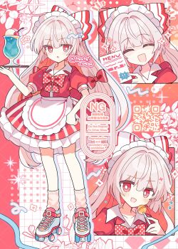 2girls :d :o apron blunt_bangs blush bow bowtie bright_pupils candy closed_eyes collarbone collared_dress commentary cup dot_nose dress drink drinking_glass facing_viewer food frilled_apron frilled_dress frills fujiwara_no_mokou full_body grid_background hair_bow hand_up highres holding holding_candy holding_food holding_lollipop holding_menu holding_tray lollipop long_hair looking_at_viewer menu multiple_girls multiple_hair_bows multiple_views open_mouth pink_socks polka_dot polka_dot_bow puffy_short_sleeves puffy_sleeves qr_code red_bow red_bowtie red_dress roller_skates shirocha_tei shoes short_sleeves skates smile socks standing striped_clothes striped_dress symbol-only_commentary touhou tray twitter_username waist_apron watermark white_apron white_bow white_hair white_pupils white_shoes