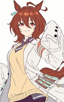 1girl agnes_tachyon_(tach-nology)_(umamusume) agnes_tachyon_(umamusume) animal_ears bad_id bad_twitter_id black_necktie breasts brown_hair brown_tail buttons hair_between_eyes hand_up horse_ears horse_girl horse_tail lab_coat looking_at_viewer necktie red_eyes shirt short_hair simple_background sisi_am1011 smile standing tail umamusume white_background white_sleeves yellow_shirt