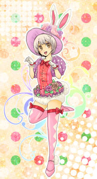 1girl animal_ears bow dancer disney disneyland easter easter_wonderland end_bunny_(disney) flower frills gloves hair_flower hair_ornament hat high_heels maxgoofy pantyhose rabbit_ears short_hair smile solo thighhighs top_hat white_hair