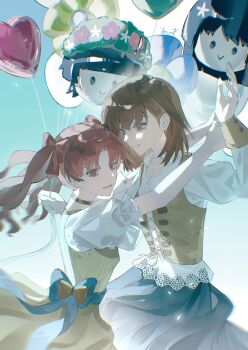Rule 34 | 2girls, alternate costume, balloon, blue skirt, blue sky, bow, brown corset, brown eyes, brown hair, brown skirt, character balloon, choker, commentary, corset, evenf, hair bow, heart, heart-shaped pupils, highres, holding, holding balloon, long hair, long sleeves, medium hair, misaka mikoto, multiple girls, puffy short sleeves, puffy sleeves, red bow, saten ruiko, shirai kuroko, shirt, short sleeves, skirt, sky, smile, symbol-shaped pupils, toaru kagaku no railgun, toaru majutsu no index, twintails, uiharu kazari, white shirt