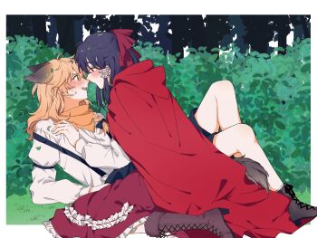 2girls alternate_costume animal_ears bandana bandana_around_neck big_bad_wolf big_bad_wolf_(cosplay) black_bow black_shorts blonde_hair blush boots bow brown_boots cloak commentary_request cosplay eye_contact hair_bow hair_tubes hakurei_reimu high_heel_boots high_heels hitte5416 kemonomimi_mode kirisame_marisa lace-up_boots little_red_riding_hood_(fairy_tale) little_red_riding_hood_(fairy_tale_character) little_red_riding_hood_(fairy_tale_character)_(cosplay) long_hair long_sleeves looking_at_another multiple_girls open_mouth orange_bandana red_bow red_cloak red_eyes shirt shorts smile suspender_shorts suspenders sweatdrop tail touhou white_shirt wolf_ears wolf_girl wolf_tail yuri