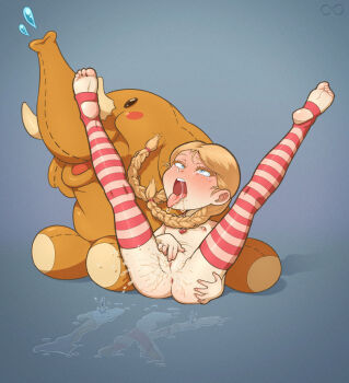 1girl 8anon ahegao anus ass barefoot blonde_hair blue_background blue_eyes blush braid braided_pigtails cleft_of_venus drooling elephant eyebrows eyelashes facing_viewer feet feet_up female_ejaculation female_focus female_masturbation female_orgasm flat_chest full_body functionally_nude hair_between_eyes heart heart_necklace highres jewelry legs legs_up linnea_(baraag) loli long_hair looking_up lying masturbation necklace nipples no_shoes no_socks nude open_mouth orgasm pink_thighhighs pussy pussy_juice pussy_juice_drip pussy_juice_puddle red_thighhighs rolling_eyes saliva saliva_trail signature simple_background soles solo spread_legs stirrup_legwear striped_clothes striped_thighhighs stuffed_animal stuffed_toy teardrop tearing_up tears teeth thighhighs thighs toeless_legwear toes tongue tongue_out twin_braids uncensored upper_teeth_only