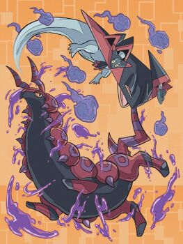 antennae bug centipede claws closed_mouth colored_sclera dragapult full_body gen_5_pokemon gen_8_pokemon half-closed_eyes highres nintendo no_humans onigiri_debu open_mouth pink_claws poison pokemon pokemon_(creature) pokemon_focus scolipede yellow_eyes yellow_sclera